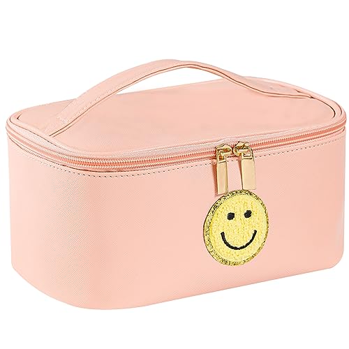 WALONER Preppy Patch Makeup Bag Leather Cosmetic Bag Large Makeup Pouch, Portable Waterproof Travel Toiletry Organizer,Cute Preppy Makeup Bag for Women Girls Gifts (Pink)