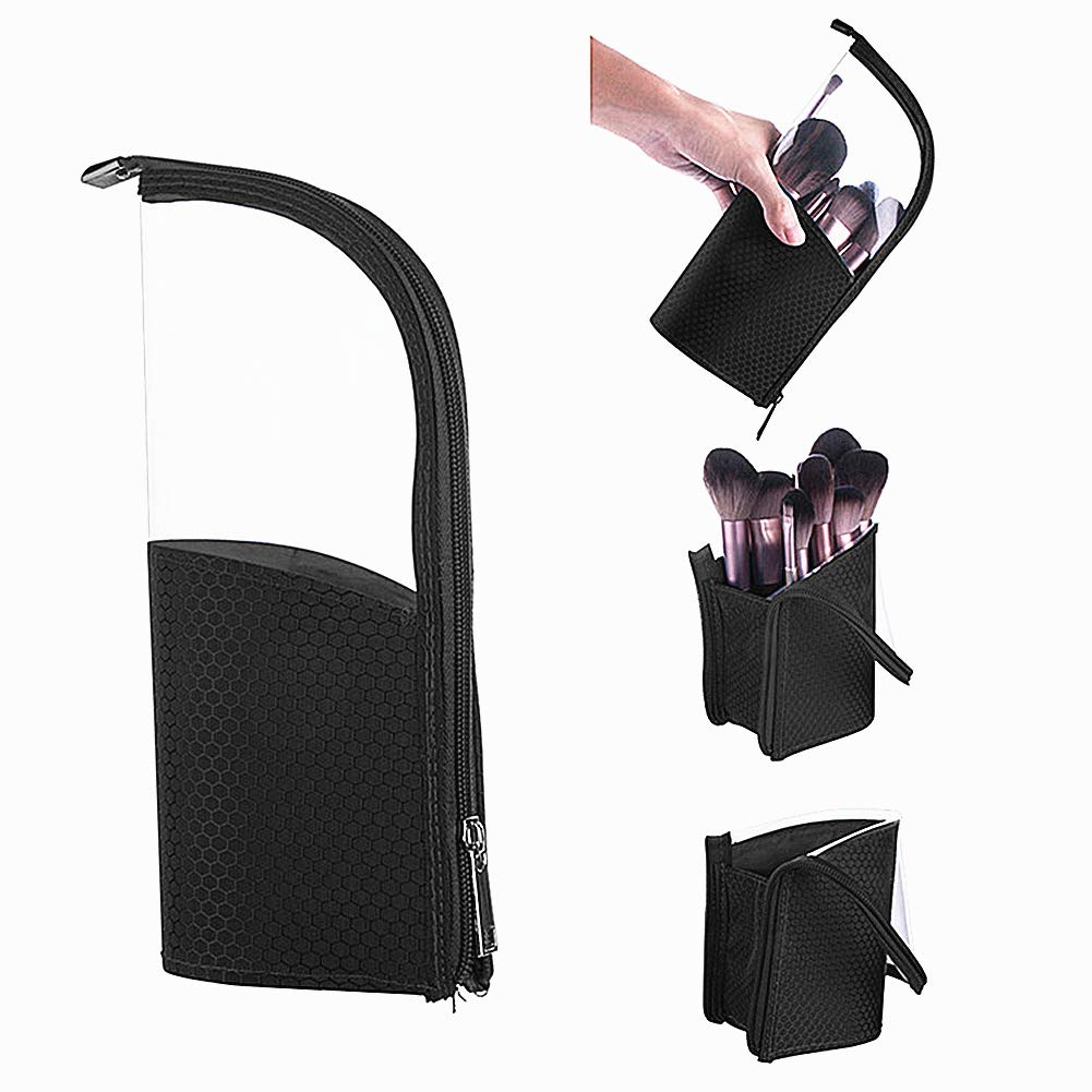 Travel Make-up Brush Holder Organizer Bag,Clear Plastic&Oxford Cosmetic Zippered Case,Portable Waterproof Stand-Up Makeup Brush Pouch, Professional Artist Small Toiletry Stationery Cup (Black)…