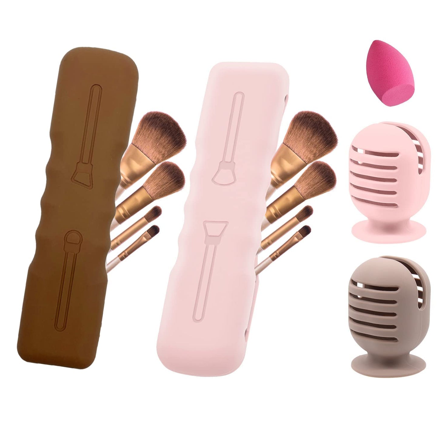 Travel Makeup Brush Holder + Integrated Makeup Sponge Case 4 Pack, Make Up Organizer Bag Cosmetic Pouch, Portable Anti-Dust Silcone Washable Beauty Blender Holder Carrying Case (B Pink+Brown)