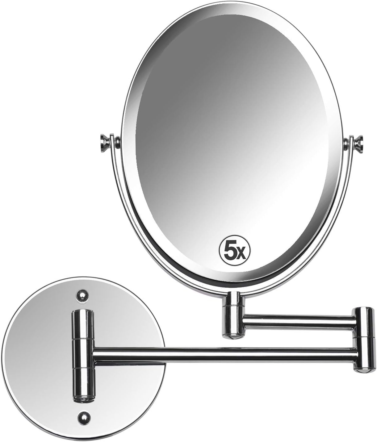 Wall Mounted Bathroom Makeup & Shaving Mirror, Double Sided 5X & 1X Magnification, 13-Inch Extension Swivel Arm, Oval 6.6" x 8.6" Glass Area, Chrome
