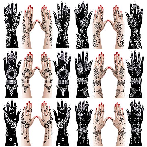 Xmasir 12 Large Sheets Henna Tattoo Stencil Kit for Hand Forearm Body Paint, Indian Arabian Temporary Tattoo Templates for Women Girls (S8)
