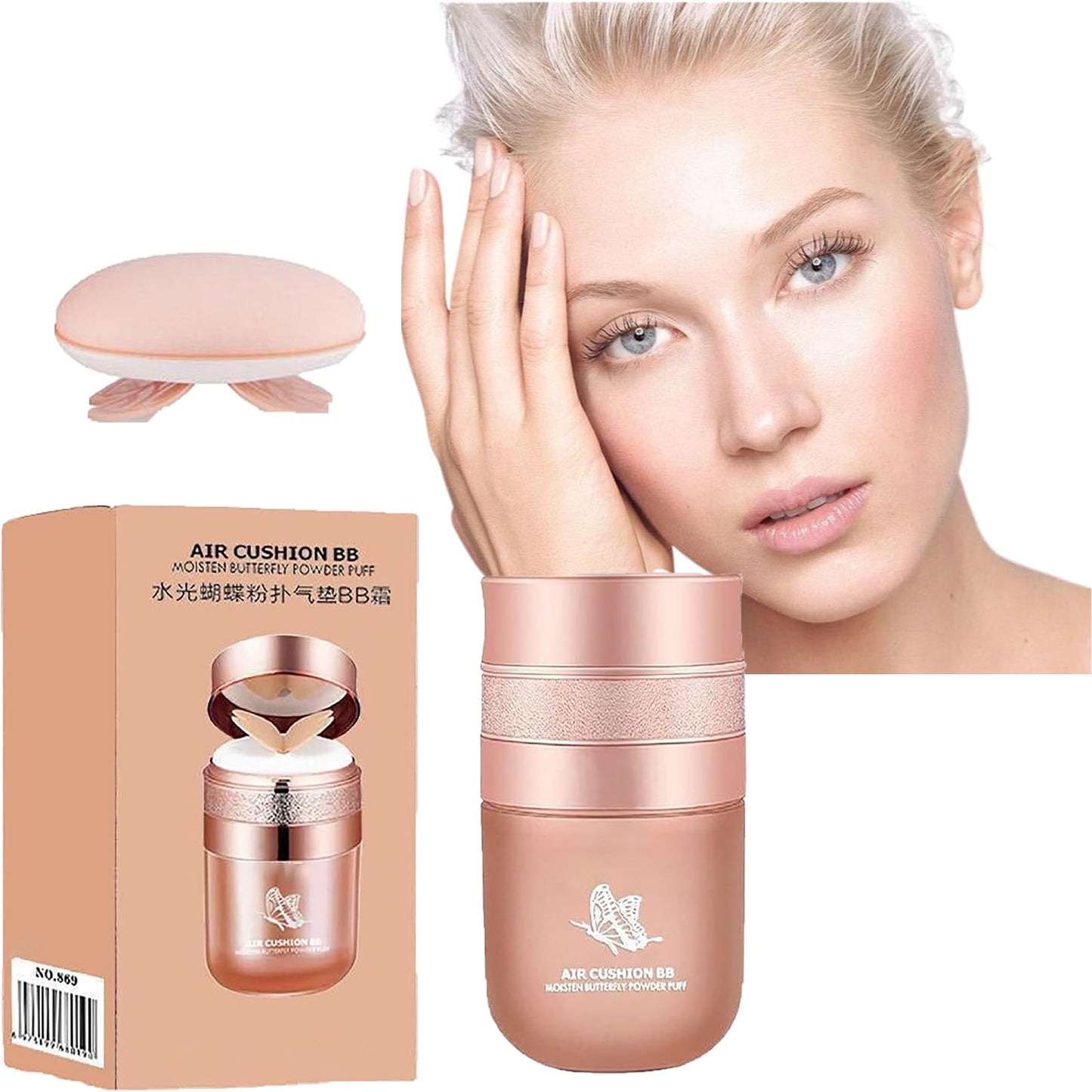 ubararyen Butterfly Air Cushion Powder Puff Bb Cream, Korean Butterfly Air Cushion Powder Puff Bb Cream, Concealer, Hydrating, Nourishing, Breathable (Natural, 1)