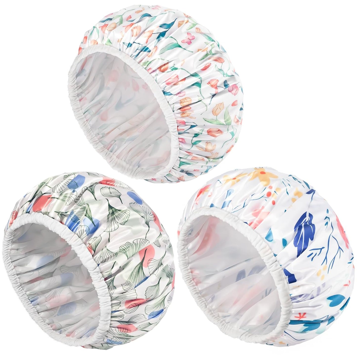 Aquior Shower Caps, 3 Packs Large Waterproof Shower Cap, Reusable Shower Cap for Women Elastic Band Hair Cap Double Protection Layers Bath Hair Hat for Ladies Spa Salon