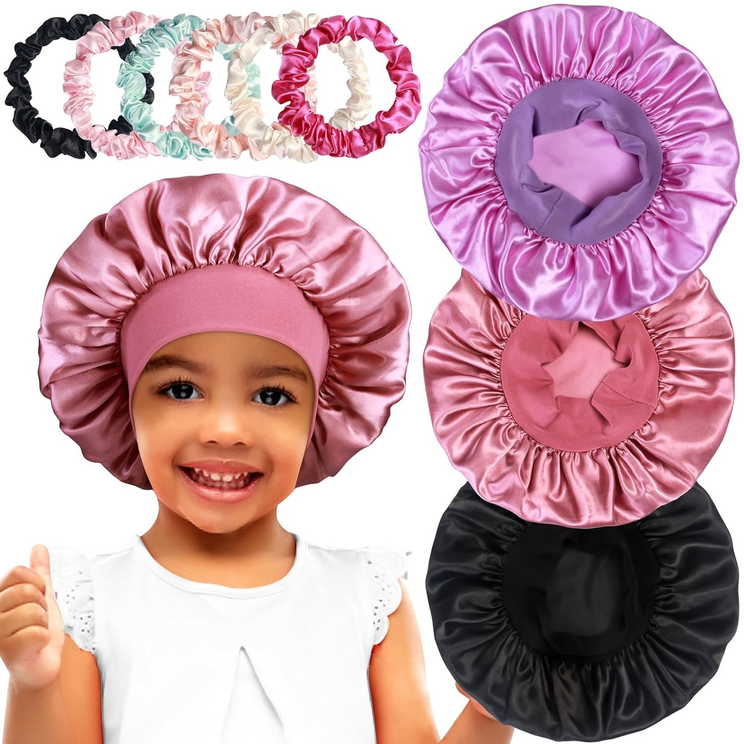 3pcs Satin Bonnets for Kids Sleeping, Cute Hair Bonnet with Scrunchies for Girls Curly Hair, C