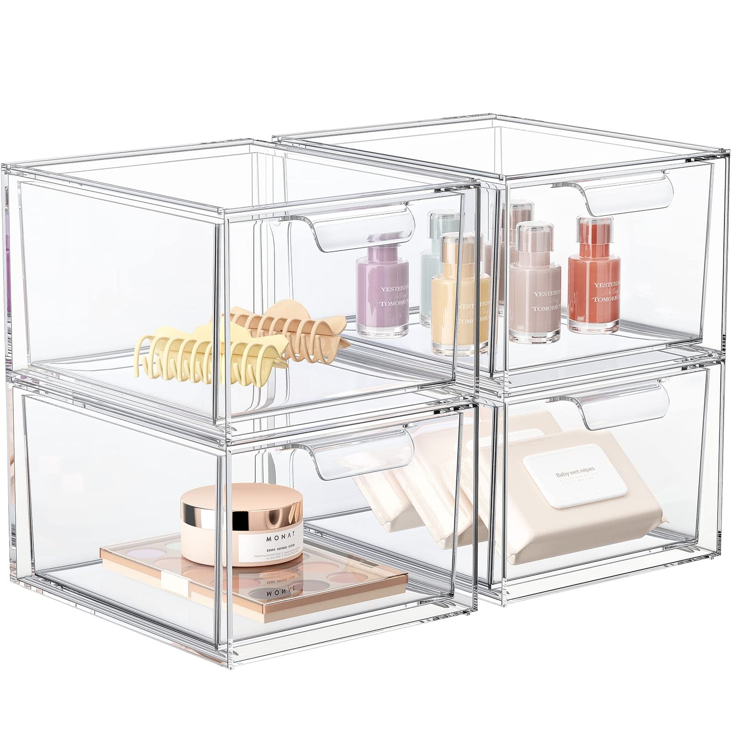 SpaceHacks 4 Pack Stackable Makeup Organizer and Storage, Acrylic Organizers,Clear Plastic Storage Drawer with Handles for Vanity, Undersink, Kitchen Cabinets, Pantry