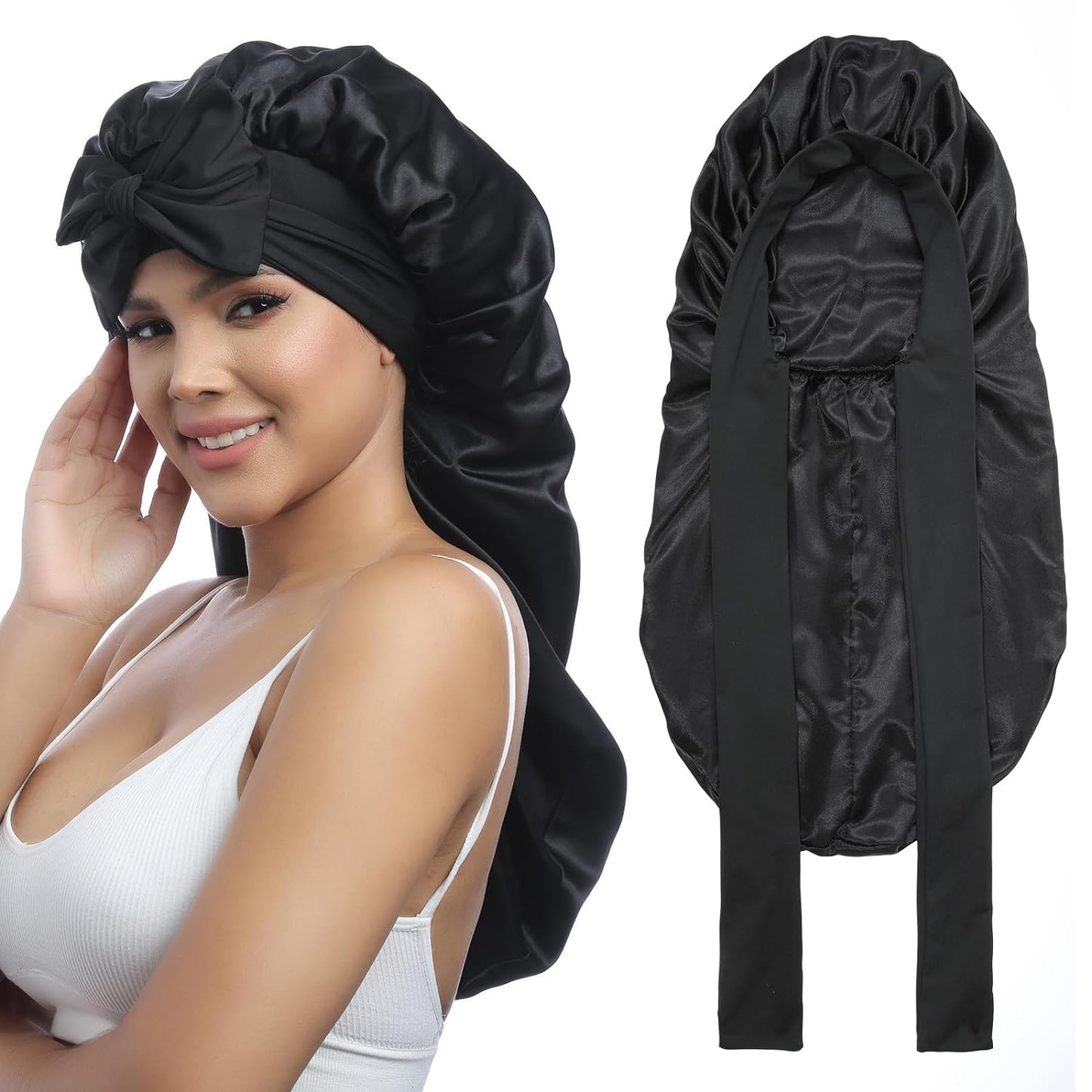 AWAYTR Long Satin Bonnet for Braids - Elastic Silk Hair Bonnets for Sleeping Night Cap Stretchy Tie Band for Women(Black)