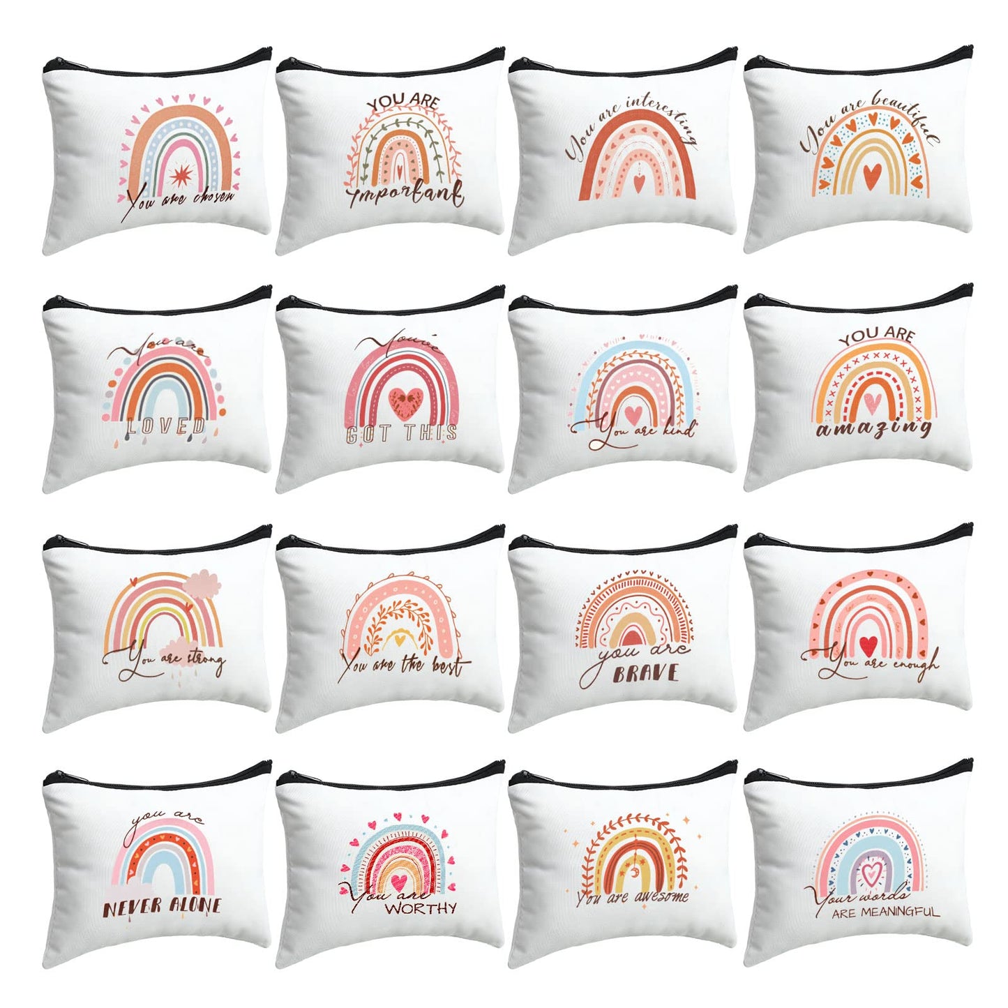 16 Pieces Rainbow Canvas Cosmetic Bag Bulk Inspirational Quotes Makeup Bags with Zipper Encouragement Travel Toiletry Pouch Appreciation Gift for Christmas Women Girls Teacher Birthday Graduation Gift