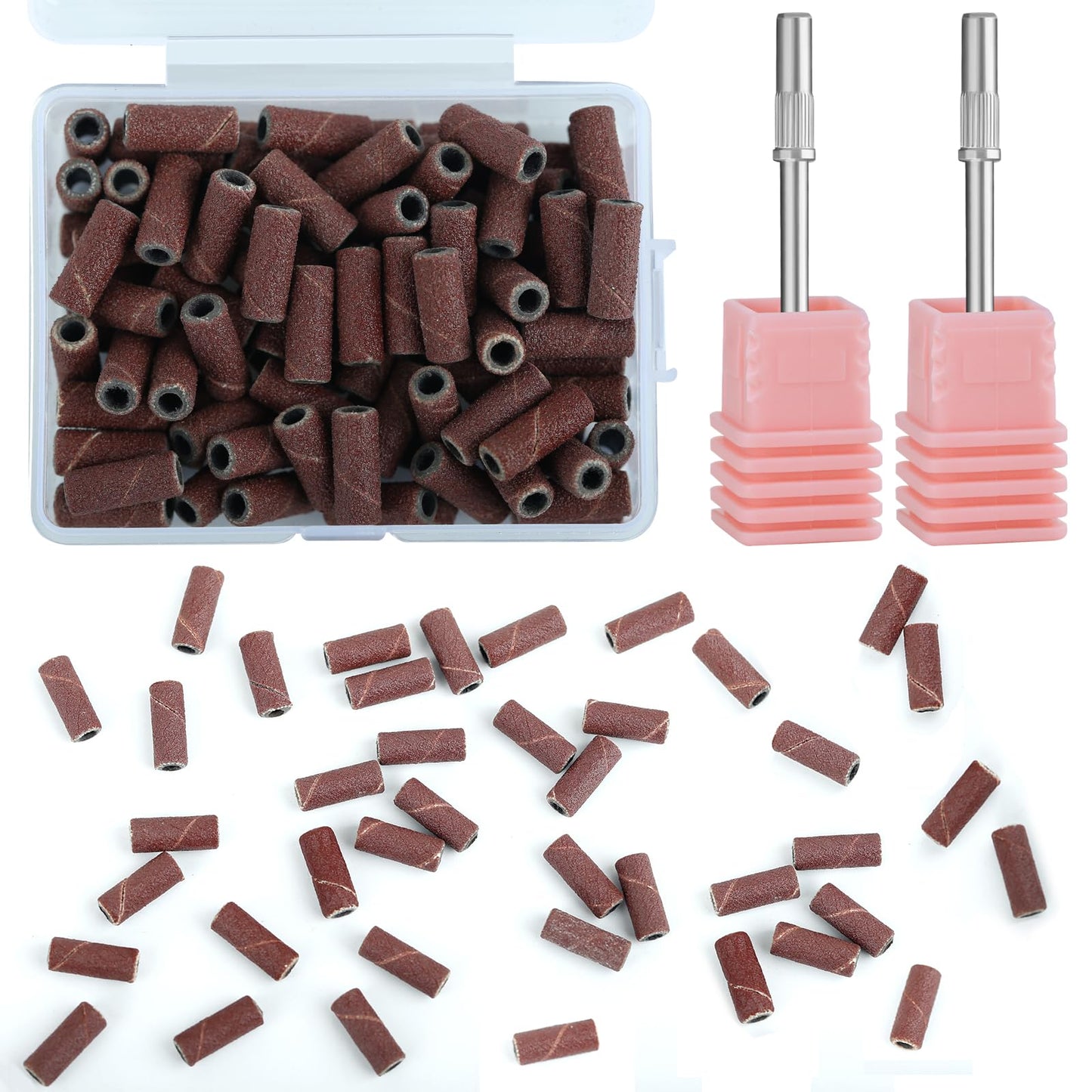 Vnjaoi 120 Pcs Nail Drill Bits Upgrade Small Sanding Bands with 2Pcs 3.1mm Mandrel Bit, 180 Fine Grit Nail File for Acrylic Nails Gel Removing Manicures and Pedicure, Brown