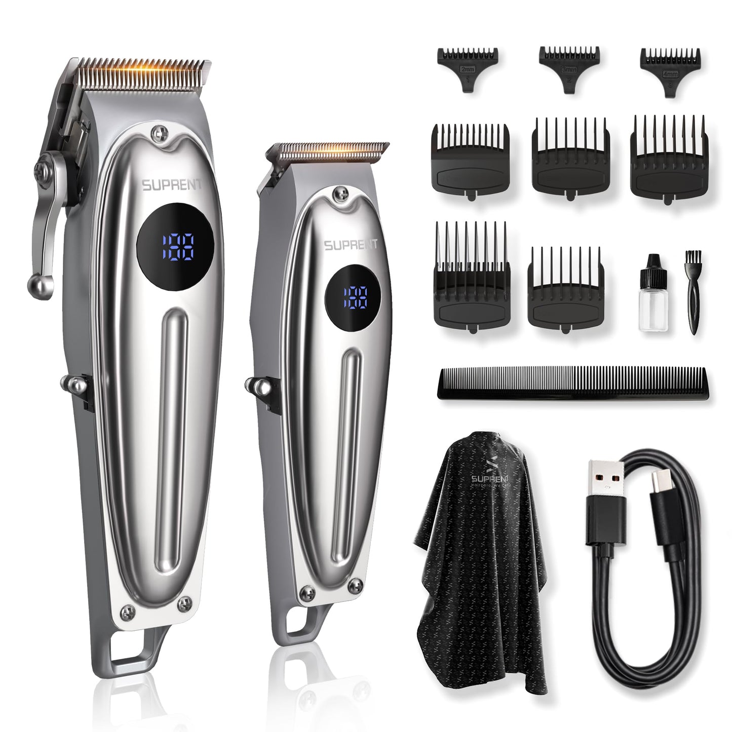 SUPRENT Professional Rechargeable Hair Clipper-Hair Clippers for Men, Cordless Hair Cutting Kit with LED Display (Silver)