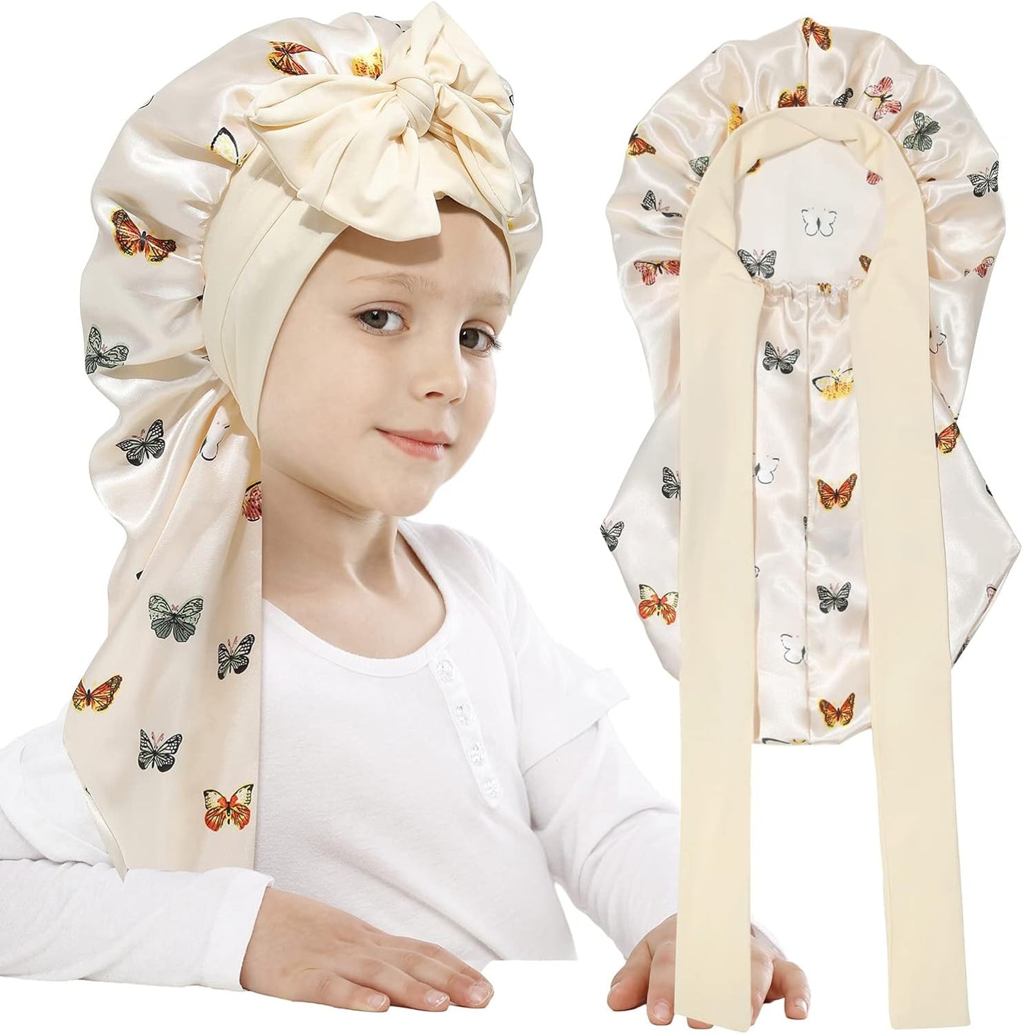AWAYTR Long Toddler Silk Bonnet for Sleeping Elastic Satin Bonnets for Curly Hair Braid Bonnet Night Cap for Aged 3-12 Kids