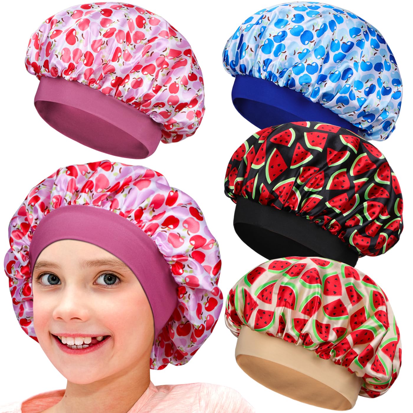 4 Pieces Silky Satin Bonnet for Kids, Soft Kids Sleeping Bonnets with Elastic Wide Band Kids Hair Bonnet for Girls Multicolor