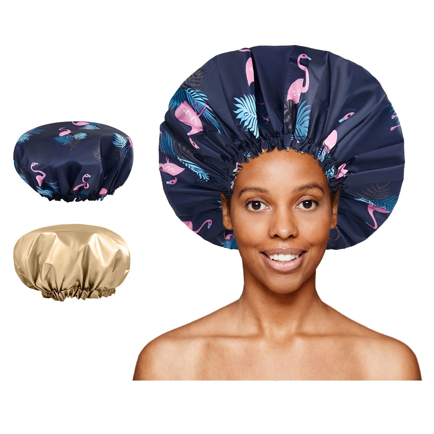 TRENDYSUPPLY Shower Cap, Large Adjustable & Reusable, Double-Layer for Dreadlocks, Waterproof Bath Cap for Women, Girls, Braids, SPA, Long Hair (Flamingo & Khaki)