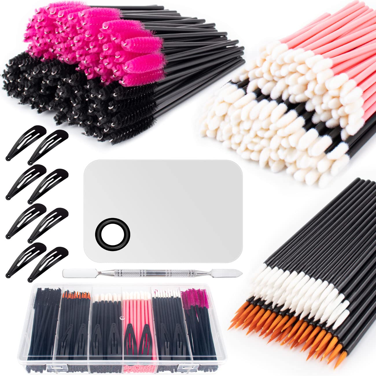 281Pieces Disposable Makeup Tools Kit Includes Stainless Steel Makeup Mixing Palette with Spatula Plastic Organizer Box Hair Clips Eyeliner Brushes Mascara Wands and Lipstick Applicators Lip Wands