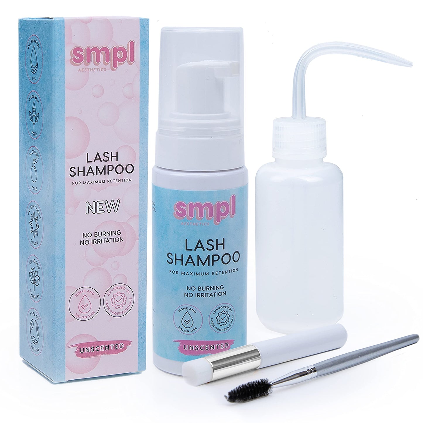 SMPL Aesthetics Eyelash Extension Cleanser, Lash Shampoo, Lash Cleaner for Extensions, Lash Brush, Rinse Bottle, Lash Bath, Sensitive, Paraben, Sulfate Free, Makeup Remover, Primer, Unscented