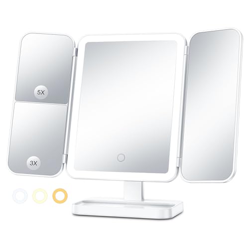 Axyra Makeup Mirror with 78 LED Lights, Rechargeable Tri-Fold Lighted Vanity Mirror, 3 Dimmable Color Lighting Modes, 1X 3X 5X Magnification, Touch Control, Lighted Makeup Mirror, Gift for Women