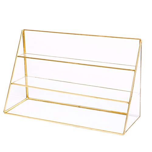 3 Layers Glass Makeup Organizer Shelves Cosmetic Storage Holder Antique Countertop Glass Beauty Display, Gold Spin Large Capacity Holder for Earrings, Ear Nails, Necklaces, Rings, Jewelry, Lipsticks