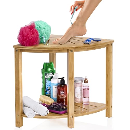 Sorbus Bamboo Shower Stool - Corner Bath Bench - Waterproof Wood Chair for Inside Shower - Bathtub Seat with Shelf for Shaving Legs - Small Corner Step Stool Foot Rest for Bathroom Bamboo Side Table