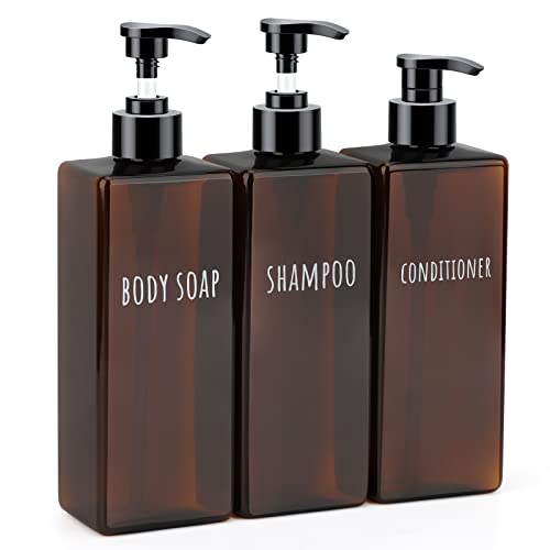 Segbeauty 16.9oz Lotion Dispenser, 3pcs Refillable Square Shampoo Bottles with Pump, 500ml Empty Plastic Bathroom Shower Bottles Liquid Soap Container Body Wash Dispenser for Home Hotel Travel Amber