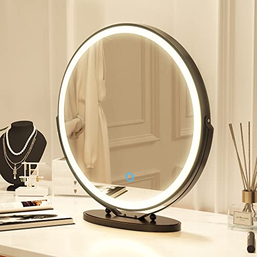 Vlsrka 20 inch Vanity Mirror with Lights, Round LED Makeup Mirror, Large Makeup Mirror with Lights, High Definition Lighted Up Mirror for Bedroom, Touch Control 3 Color Dimmable, 360° Rotation, Black