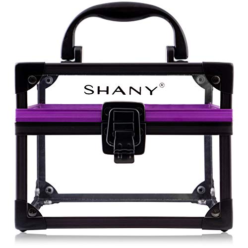 SHANY Clear Cosmetics and Toiletry Train Case - Extra Large Travel Makeup Organizer with Secure Closure and Black/Purple Accents