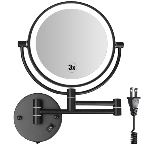 SanaWell Wall Mounted Light up Makeup Mirror with 3X Magnification,Plug in Cord LED Double Sided Bathroom Vanity Mirror Extendable Arm,Touch Sensor 360° Swivel Shaving Cosmetic Mirror (Matte Black)