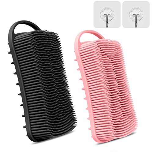 YEALIFE Silicone Body Scrubber, 2 in 1 Body Brush & Hair Scalp Brush for Shower and Bath, Easy Clean, Lathers Well, Stimulating Blood Circulation More Hygienic Than Loofah,Women Men.Black & Pink