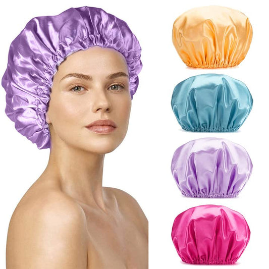 Smilco shower caps for women reusable waterproof 4 Pack large shower cap,EVA Hair Caps Double Waterproof Layers Shower Cap for Women Hair Protection. (Large, Four colors-Rose red+Purple+Golden+blue)