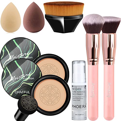 Air Cushion CC Cream Mushroom Head Foundation, 2 PCS Amazfly Moisturizing BB Cream Face Primer Makeup Long Lasting Matte Concealer Bright Makeup Base Long Lasting with Mushroom Makeup Sponge and Powder Brush (Natural+Face Primer)