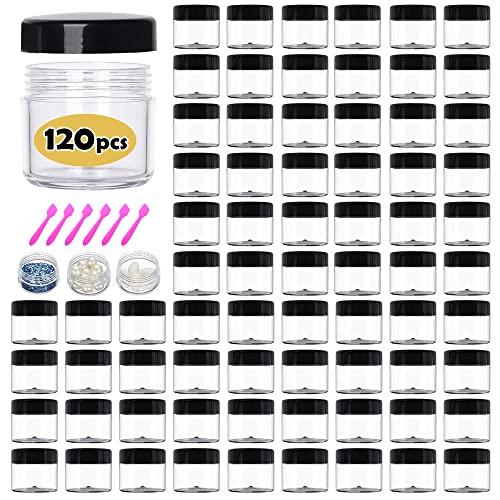 20 ml/ 0.7 oz Round Pot Jars 120PCS Sample Containers Lip Scrub Containers Plastic Cosmetic Containers with Lid for Lip Scrub, Body Butters, Cream, Slime, Craft Storage