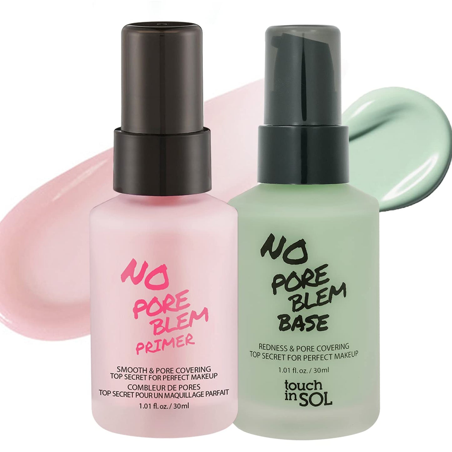TOUCH IN SOL No Pore Blem Primer + Redness Correcting Base Set - Pore Filler Blurring Primer Before Makeup - Tone Neutralizing before Foundation - Pore Minimizing, Sebum, and Shine Control 1.01fl. oz.
