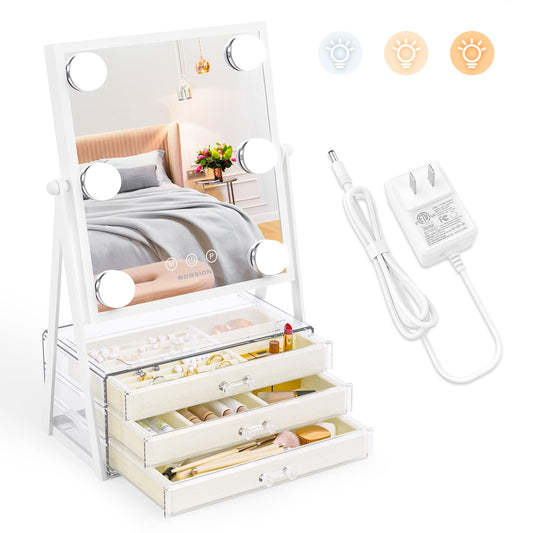 wobsion Hollywood Vanity Mirror with Lights, Makeup Mirror with Jewelry &Make-up Tools Storage, 3 Color Modes Lighted Vanity Mirror,Dimmable Makeup Mirror for Desk,360°Rotation,15.07"L x 9.05"W,Gift