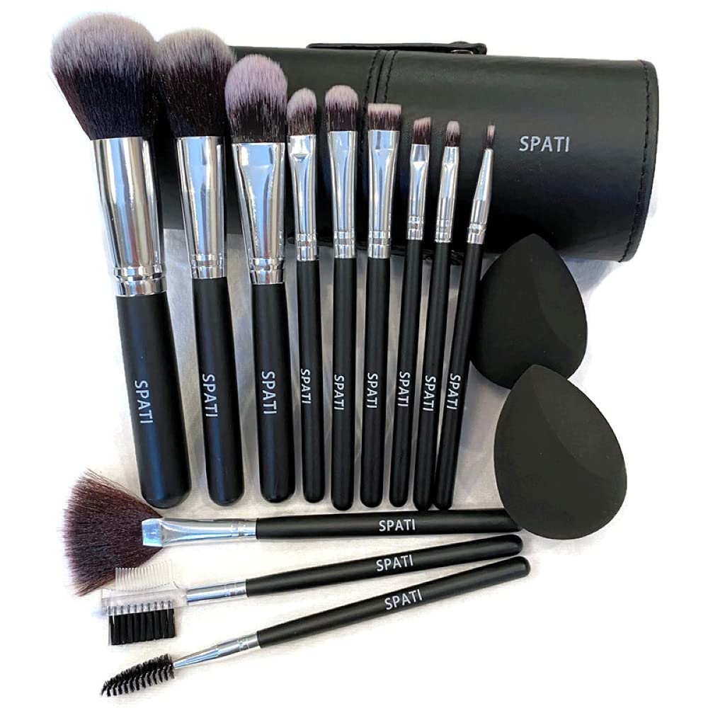 SPATI Makeup Brush Set, 12 pcs professional brush set, Face Cosmetic Brush for Foundation, Eye Shadow, Blush Concealer with PU leather brush holder, Black, Travel Size.