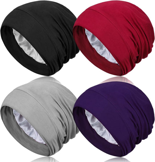 4 Pieces Satin Lined Sleep Bonnet - Adjustable Sleeping Cap Slouchy Beanie Hat for Curly Hair