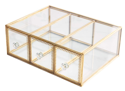 Antique Beauty Display Jewelry Case Holder Clear Glass 3 Drawers Palette Organizer, Cosmetic Storage, Makeup Container 3 Cube Holder/Beauty Dresser Vanity Cabinet Decorative Keepsake Box