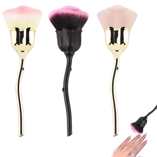 3 Pcs Nail Art Dust Powder Remover Cleaner Brush, Rose Shape Long Handle Nail Art Brush for Nail Trimming Cleaning Makeup Brush Tools