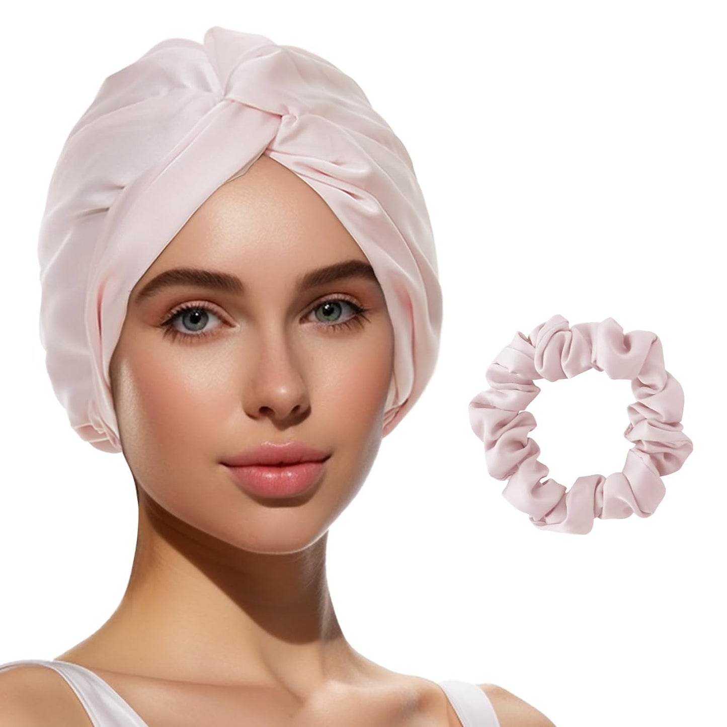 Satin Bonnet Silk Bonnet for Sleeping Women, Double-Layer Silk Hair Wrap with Elastic Band, Adjustable Sleep Cap for Curly Straight Long Hair, Pink