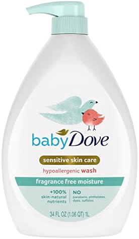 Baby Dove Sensitive Skin Care Baby Wash Fragrance Free Moisture For Baby Bath Time Fragrance Free and Hypoallergenic, Washes Away Bacteria 34 oz