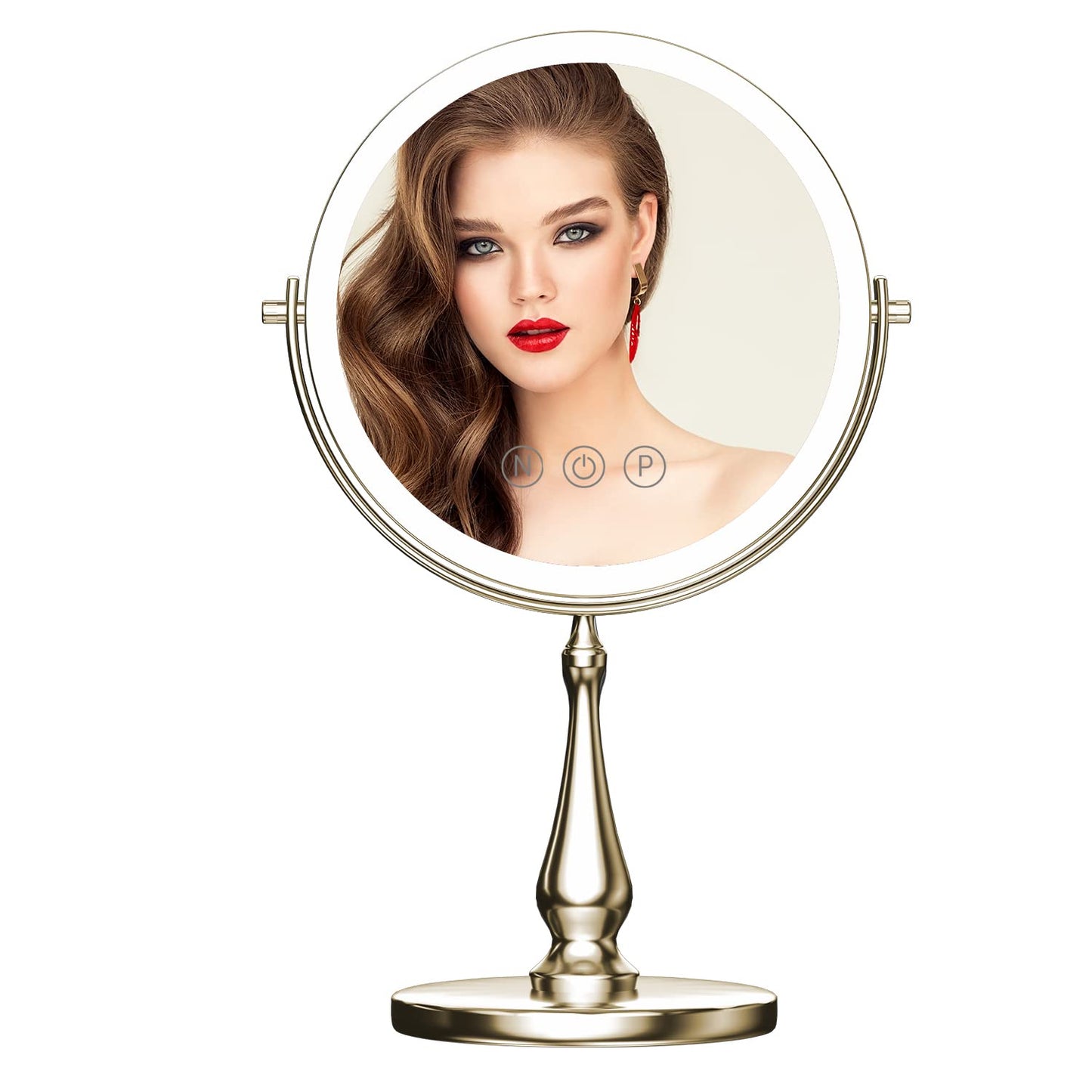 WIZCHARK 9" Large Vanity Mirror with Lights, 1X/10X Magnifying Makeup Mirror with Lighting, 3 Colors Brightness Adjustable, 360°Rotation Double Sided Standing Desk Mirror Brush Nickle