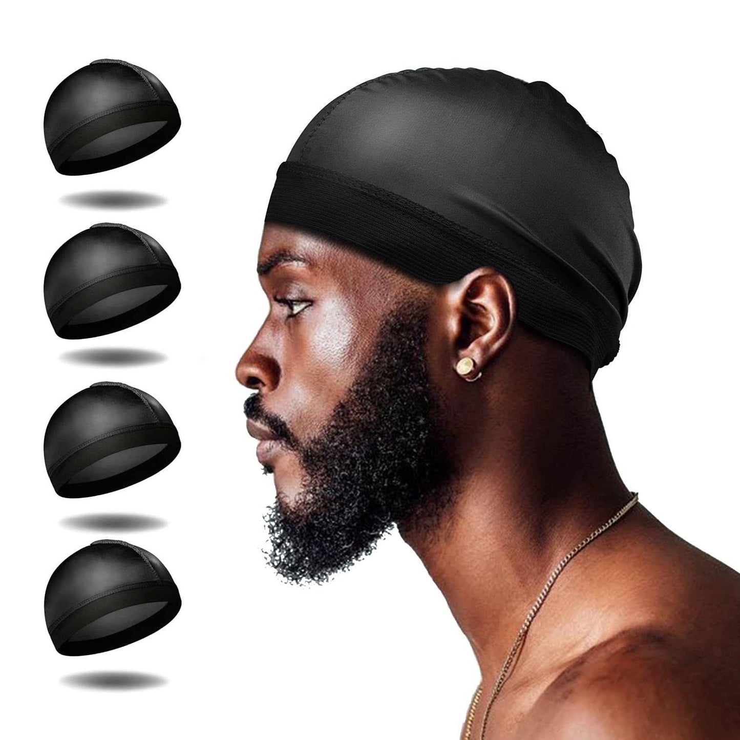 4Pcs Wave Cap, Silk Stocking Wave Caps for 360 Waves, Silky Durag for Men, Stain Caps (4*Black)