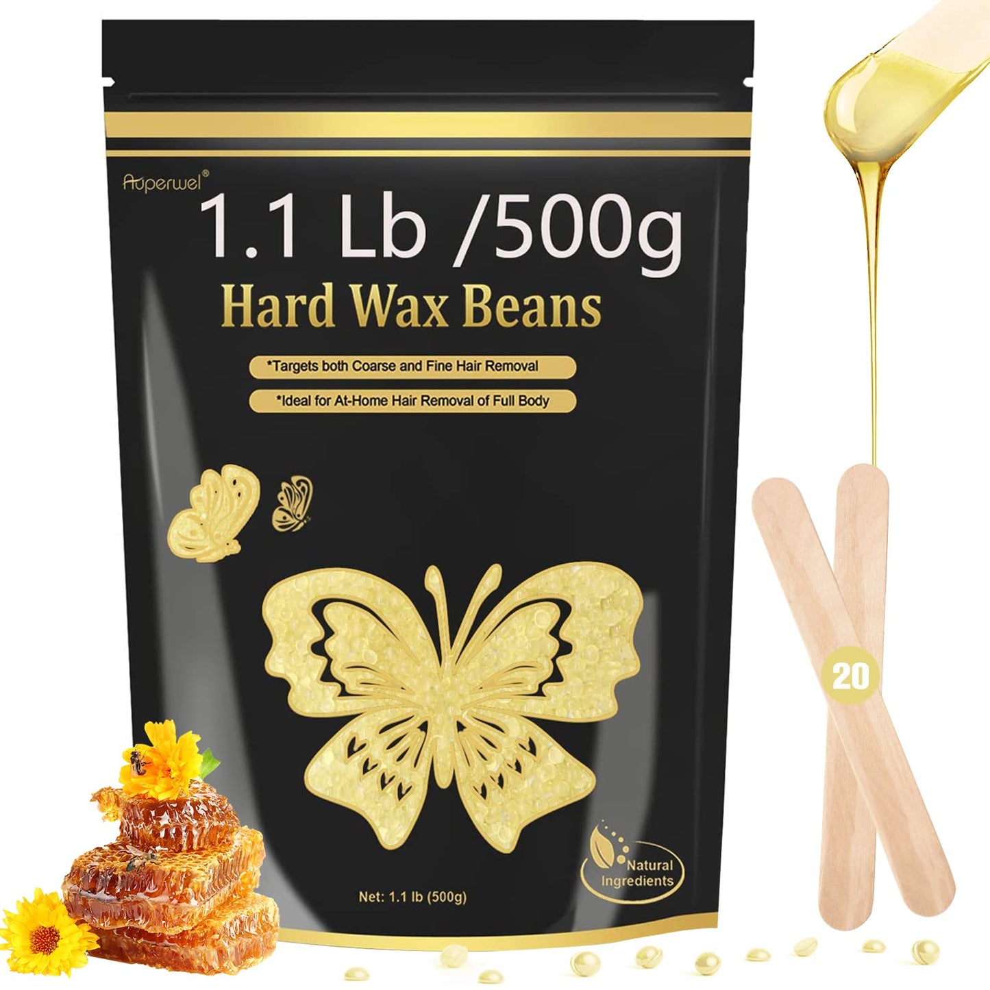 Auperwel Wax Beads for Hair Removal, 1.1LB Painless Salon Hard Wax Beans for Bikini, Eyebrow Facial, At Home Pearl Waxing Beads for Sensitive Skin with 20 Spatulas for Women Men(Honey)