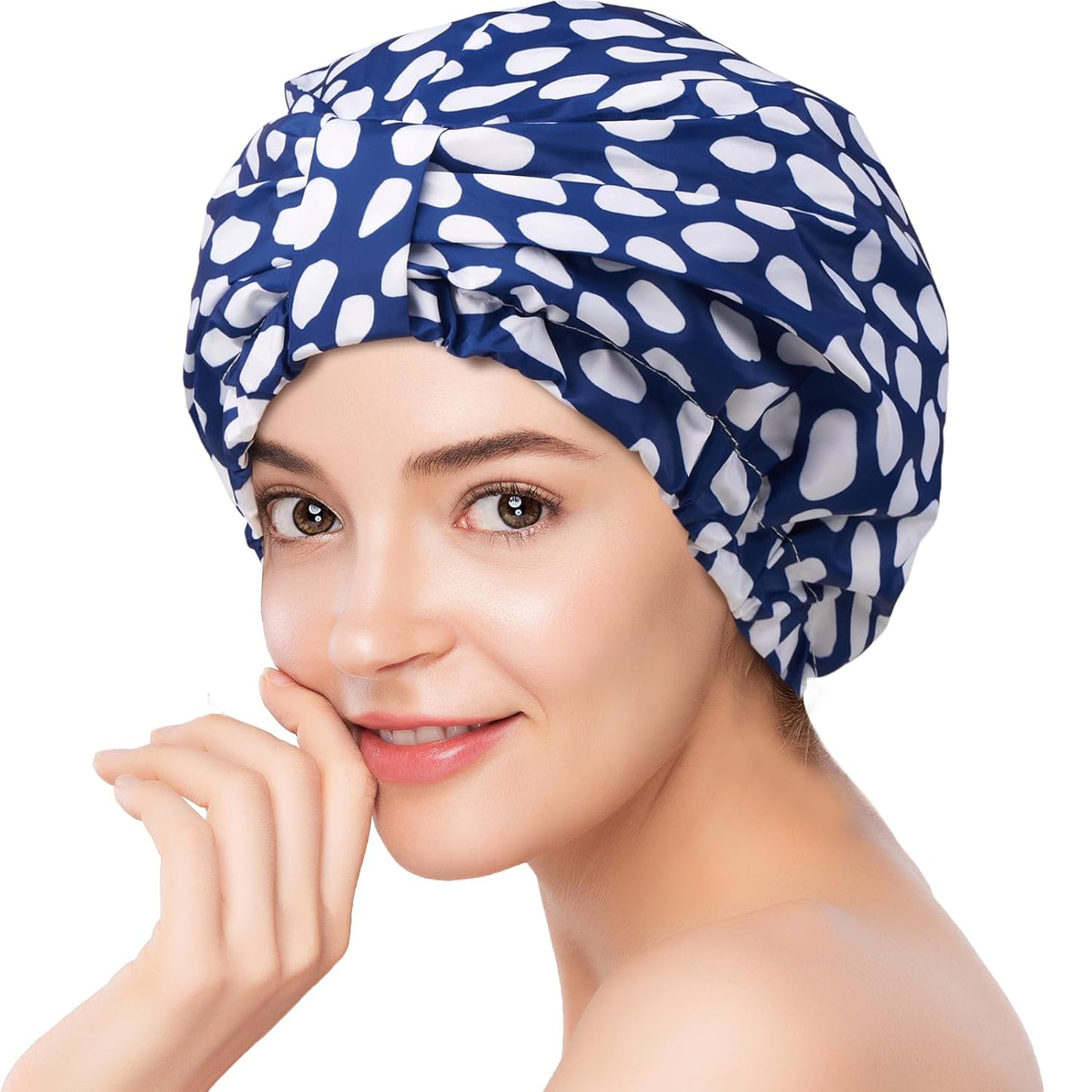 YFONG Reusable Shower Cap for Women, Waterproof & Durable Bath Cap with Double layer Lined, Adjustable Hair Cap for All Hair Lengths, Large Bathing Hat