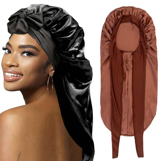 2Pcs Bonnets for Black Women Braid Bonnet, Large Long Bonnet Satin Bonnet for Braids,Black Women Silk Bonnet with Stretchy Tie Band Braid Bonnet for Sleeping Extra Long (Black & Brown)