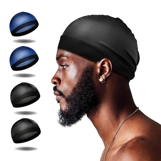 4Pcs Wave Cap, Silk Stocking Wave Caps for 360 Waves, Good Compression Over Silky Durag for Men, Large Size Stain Caps Suitable for Adult Wave Shower Cap (Black Blue)