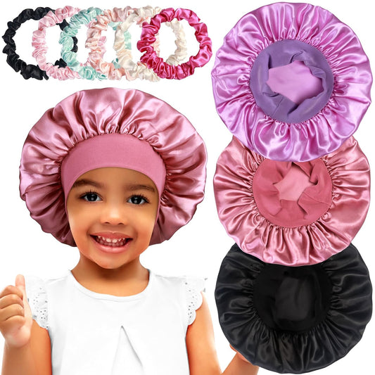 3pcs Satin Bonnets for Kids Sleeping, Cute Hair Bonnet with Scrunchies for Girls Curly Hair, C
