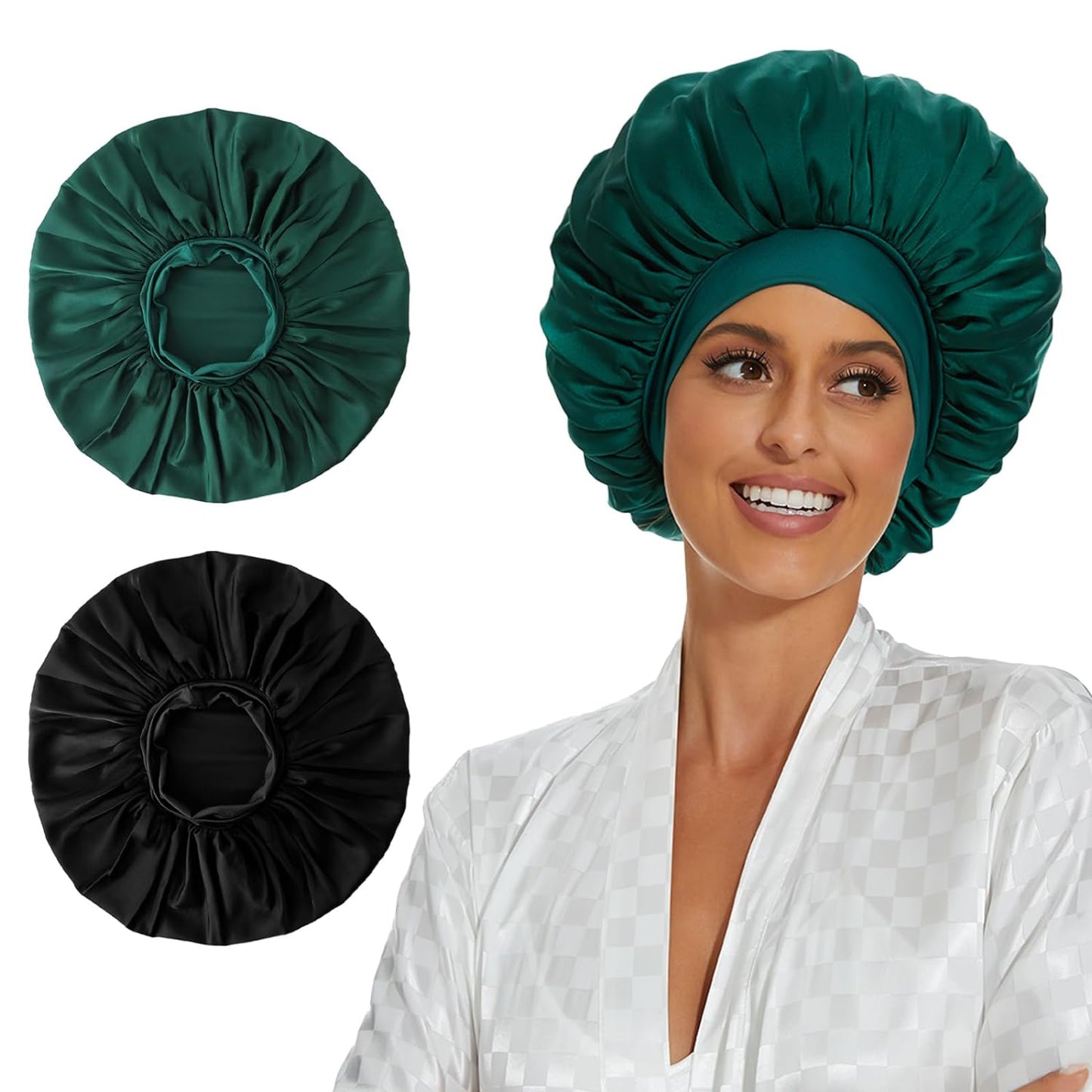 2Pcs Satin Bonnet for Sleeping, Satin Hair Bonnet for Sleeping, Elastic softband Satin Silk Hair Wrap Sleep Cap, Bonnets Black Blue for Women Curly Hair