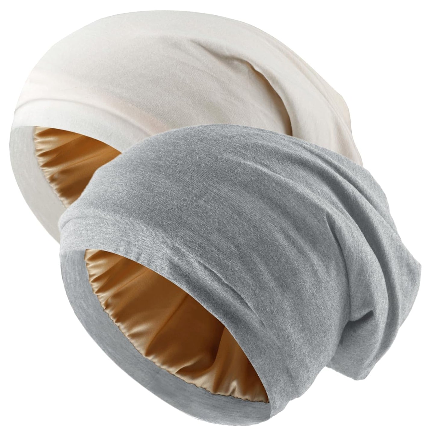 Silk Satin Bonnet Hair Wrap for Sleeping, 2 Pcs Adjustable Silk Bonnets for Women Men Sleep Cap Silk Lined Slouchy Curly Hair Head Scarf Night Cap Grey+Khaki.