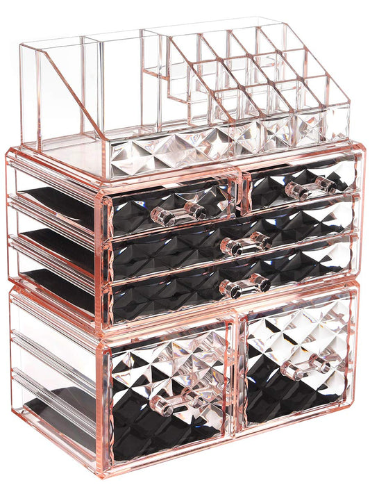 ZHIAI Makeup Organizer Acrylic Cosmetic Storage Drawers and Jewelry Display Box Transparent (Style A(Pink Diamond): 1 Top, 2 Small, 2 Large, 2 Square Drawers)