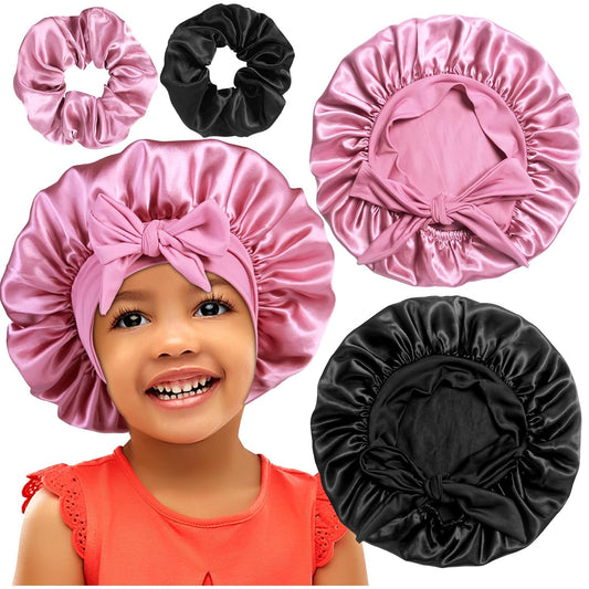 2+2 Satin Bonnets with Scrunchies for Kids, Cute Hair Bonnets for Girls Sleeping Curly Hair, A