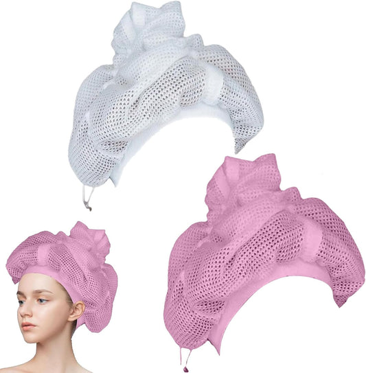 2 Pcs Net Plopping Cap for Drying Curly Hair, Hair Net for Drying, Soulta Net Plopping Cap, Net Plopping Bonnet with Adjustable Strap, Net Plopping Satin Diffuser Cap (White+Pink)