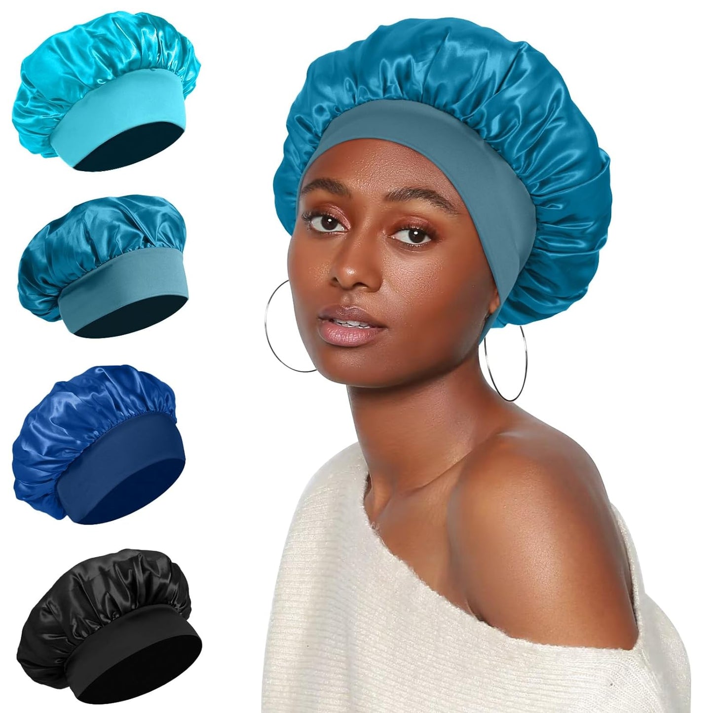 4Pcs Satin Bonnet Silk Bonnet, Hair Bonnet for Sleeping, Elastic Wide Band Silk Sleep Cap, Shower Cap Soft and Breathable (Blue Series)